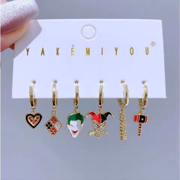 14K Gold Plated Joker Harley Quinn Batman Theme Huggie Hoop Mismatched  Earrings - Picture 2 of 5